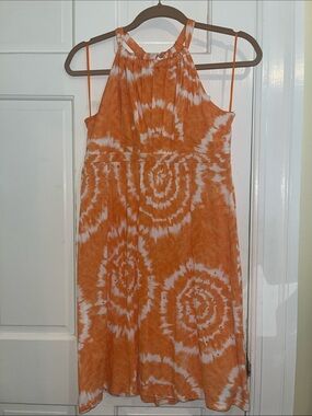 INC Orange White Tie Dye Studded High Neck Dress Medium Summer Sundress EUC